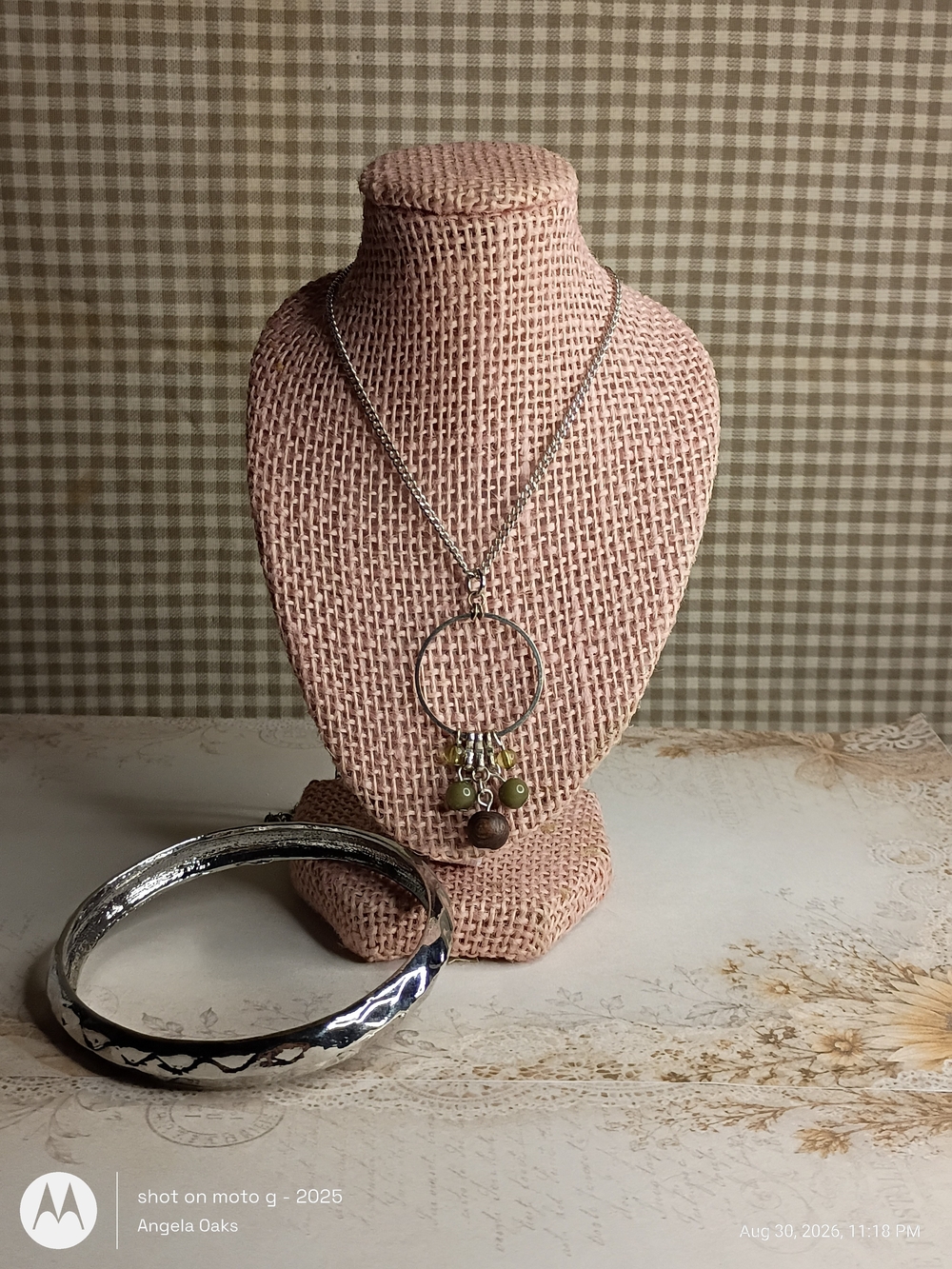 Silver Hoop Pendant Necklace with Green and Brown Beads